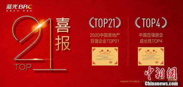 蓝光成长荣膺“2020中国房地产百强企业”TOP21
