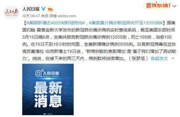 3月20日美国疫情最新动静环境：新增近4000例新冠肺炎 累计13350例