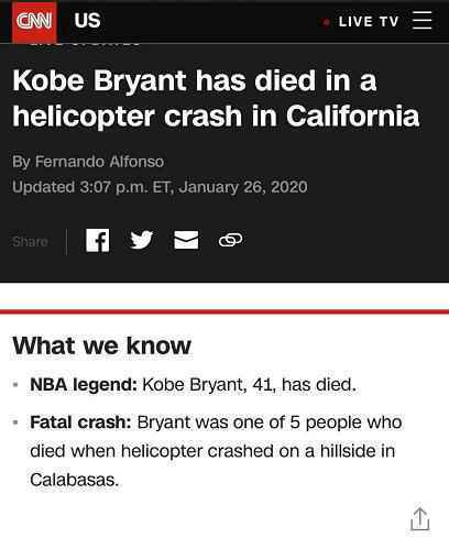  美国一直升机坠机造成5人死亡 包含NBA球星科比