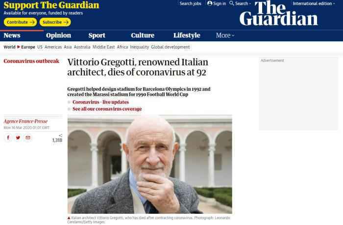 意大利著名修建师和理论家格里高蒂因新冠肺炎归天。外媒报道截图。