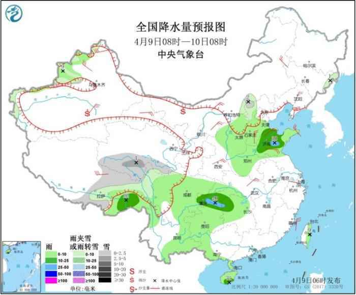图1 全国降水量预报图(4月9日08时-10日08时)