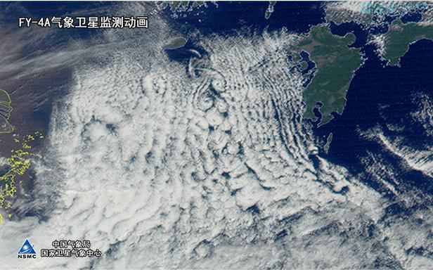 ▲图为FY-4A静止气象卫星监测到的卡门涡街（2019年1月21日9:00-14:30北京时)。留意看，图中那一列对称的圈圈云，就是冷氛围吹着云层擦过韩国济州岛后形成的卡门涡街了。