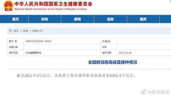 国家卫健委：我国已接种新冠病毒疫苗8284.6万剂次