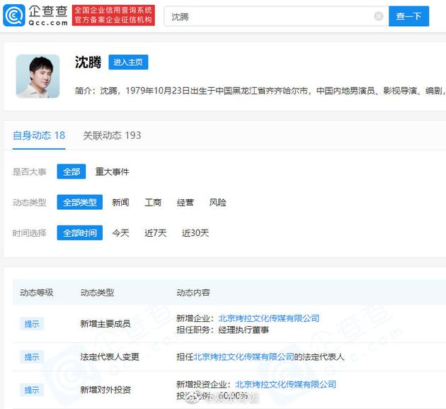 沈腾公司名字叫烤拉 注册资本500万与妻子共持股
